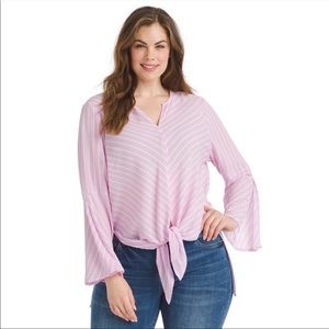 Single Thread Bell Sleeve Tie Front Striped Blouse